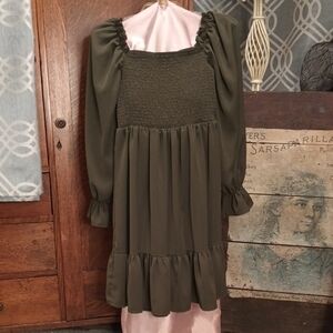 Olive Green Smocked Bodice Long Poet Sleeve Ruffle Tier Empire Waist Mini Dress